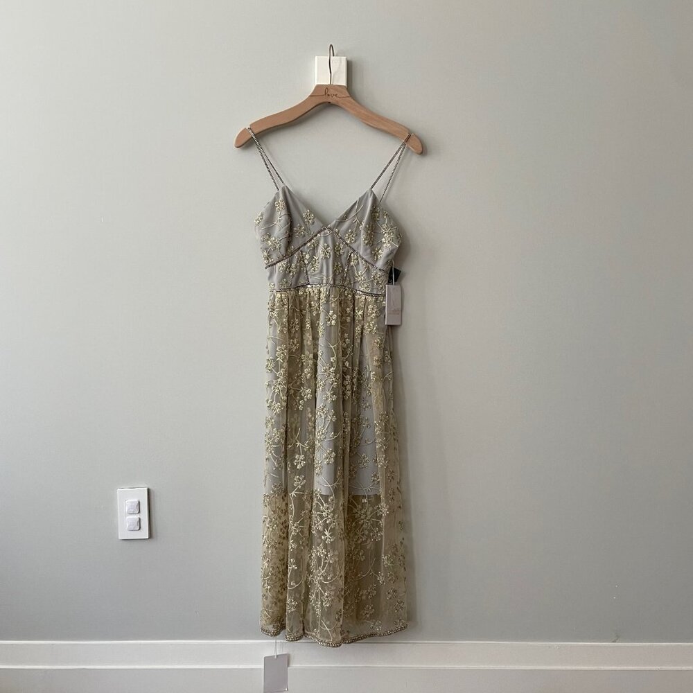 NWT Self-Portrait Gold-grey Floral Embroidered Mesh Midi Dress - Size US 2 (UK 6
